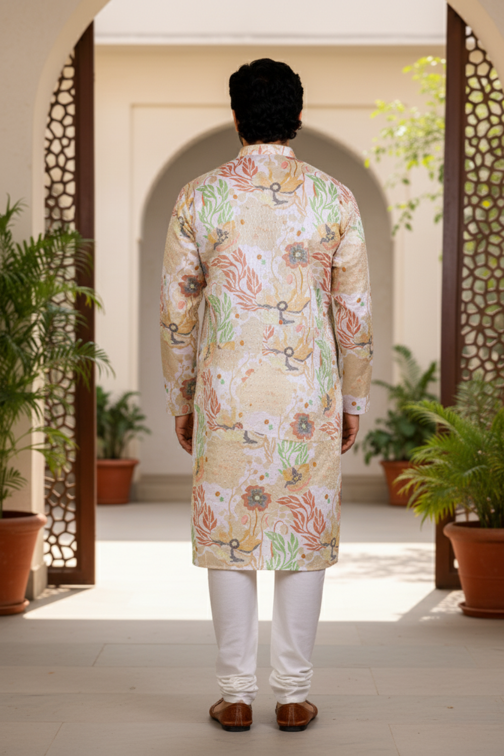 Men Cream Floral Fiesta Sequin Kurta