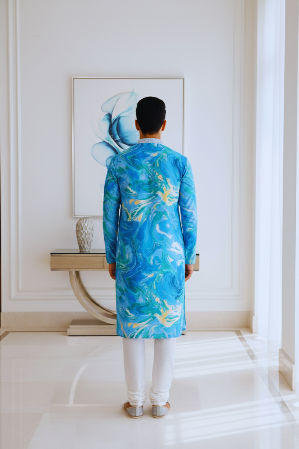 Men Ocean Blue Marble Print Silk Kurta