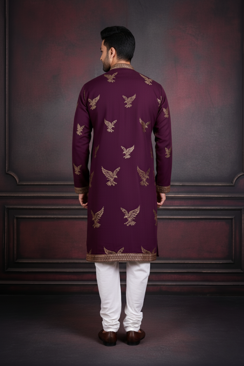 Men Wine Eagle Embroidered Kurta