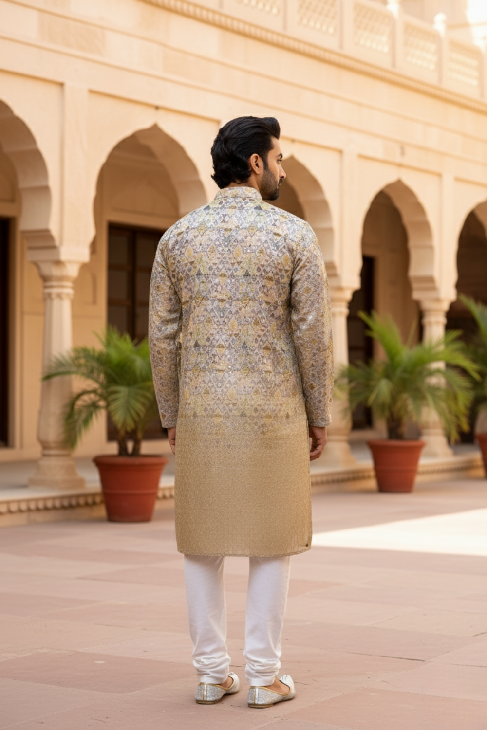 Men Beige Ombre Geometric Sequin Kurta