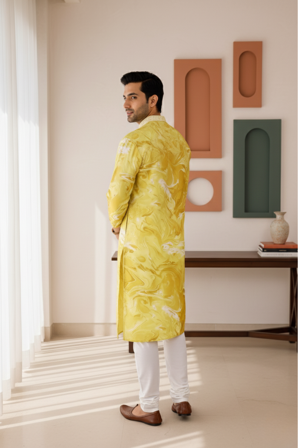 Men Mustard Yellow Marble Print Silk Kurta