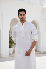 Men Classic White Mirror Work Kurta