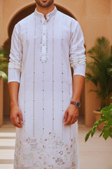 Men Ivory Pinstripe Mirror Work Kurta