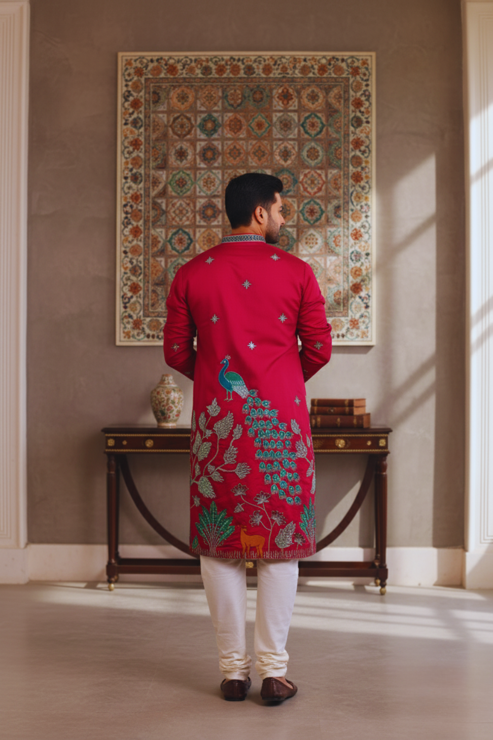 Men Rani Pink Peacock Embroidered Kurta