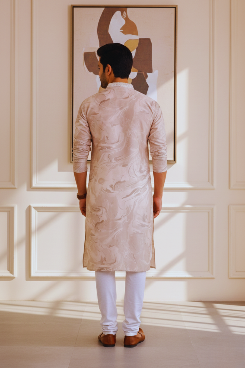 Sandstone Marble Print Silk Kurta for Men