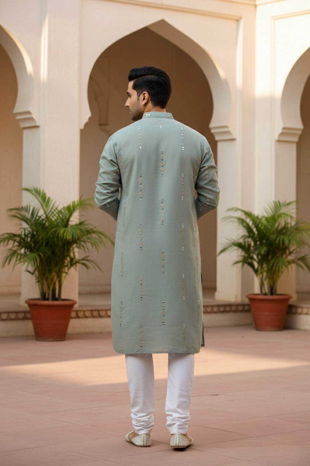 Men Sage Green Mirror Work Kurta