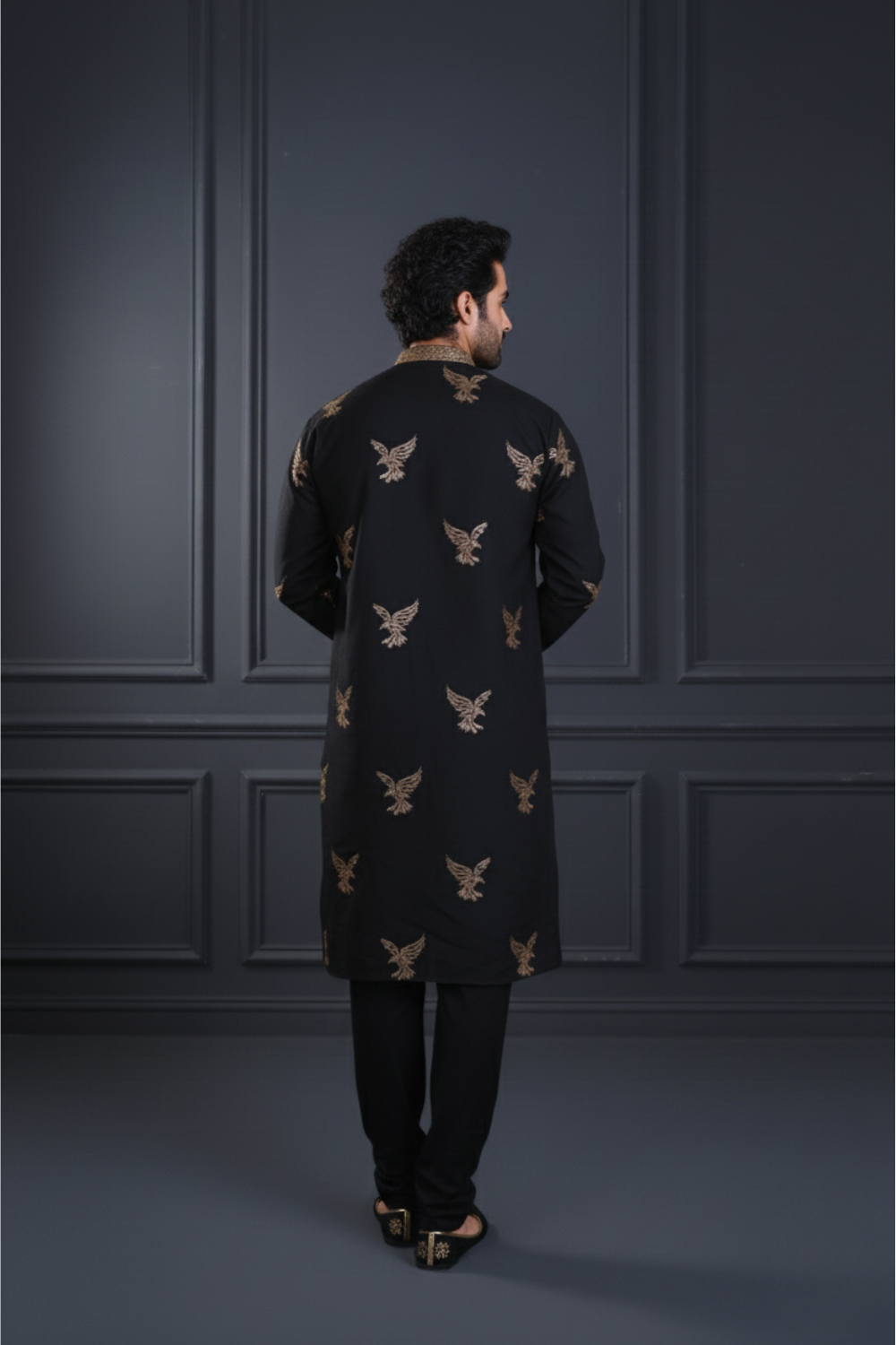 Men Classic Black Eagle Embroidered Kurta