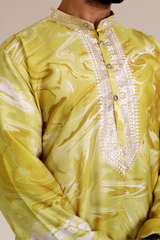 Men Mustard Yellow Marble Print Silk Kurta