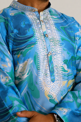 Men Ocean Blue Marble Print Silk Kurta