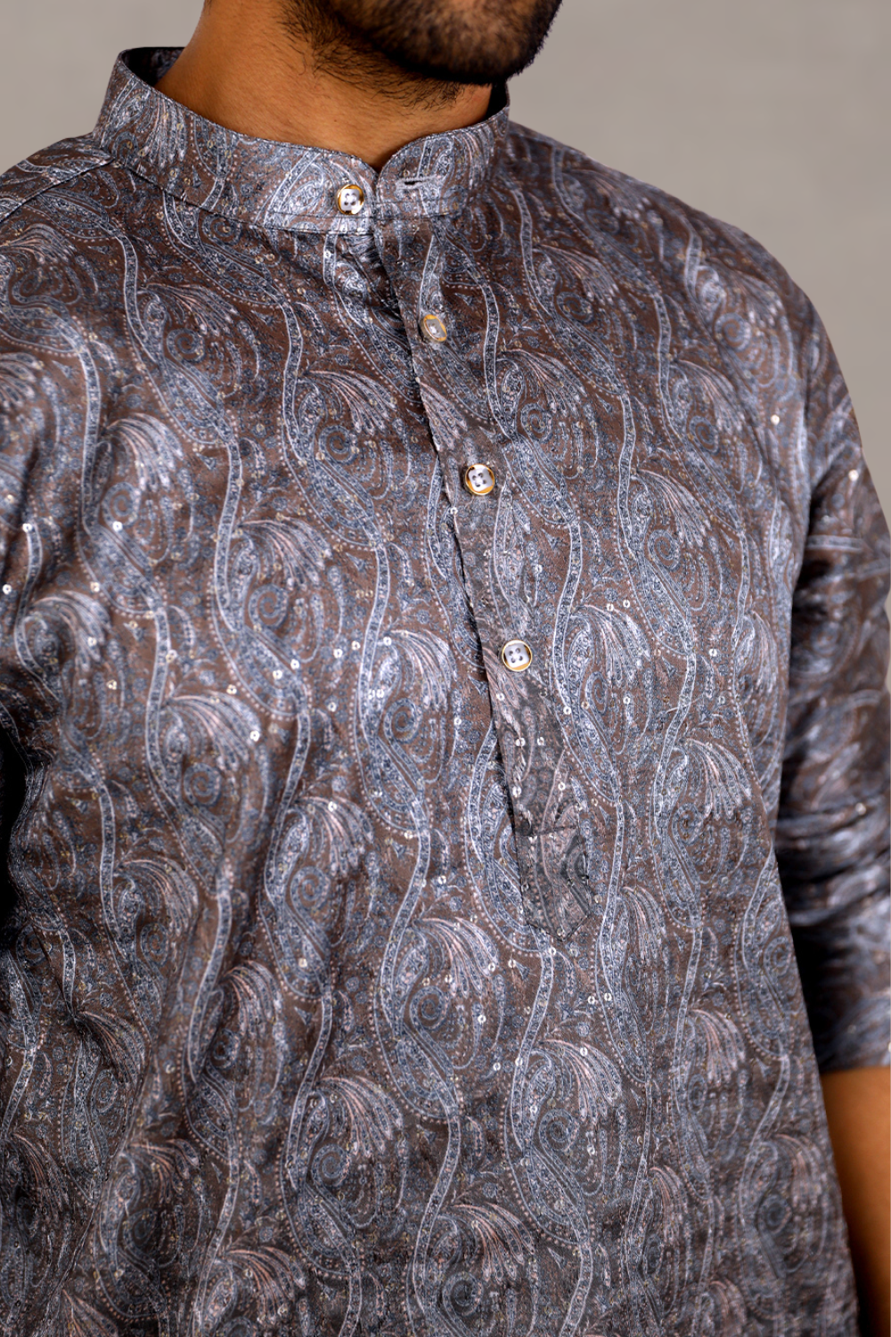 Men Charcoal Grey Paisley Jacquard Kurta