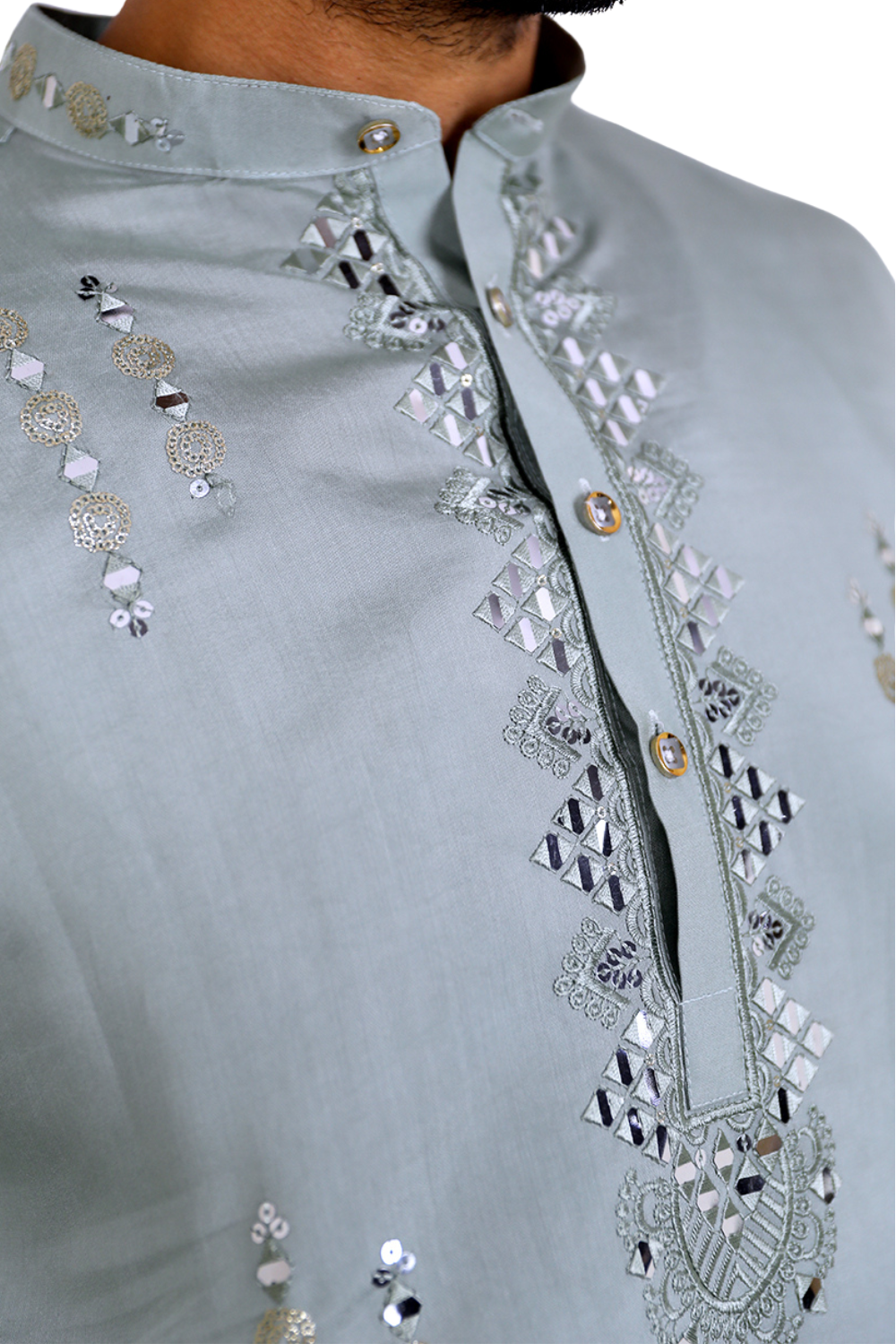 Men Sage Green Mirror Work Kurta