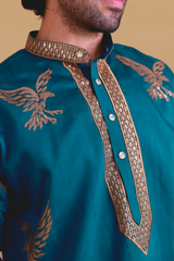 Men Teal Blue Eagle Embroidered Kurta
