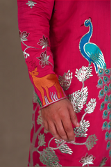 Men Rani Pink Peacock Embroidered Kurta