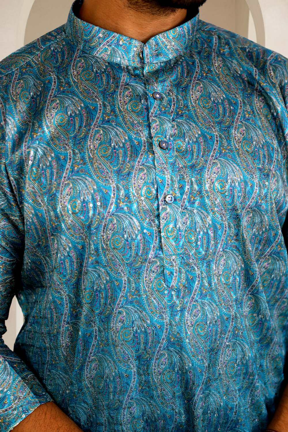 Men Teal Ombre Paisley Jacquard Kurta