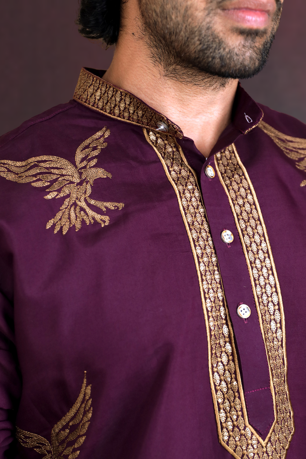 Men Wine Eagle Embroidered Kurta