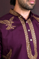 Men Wine Eagle Embroidered Kurta