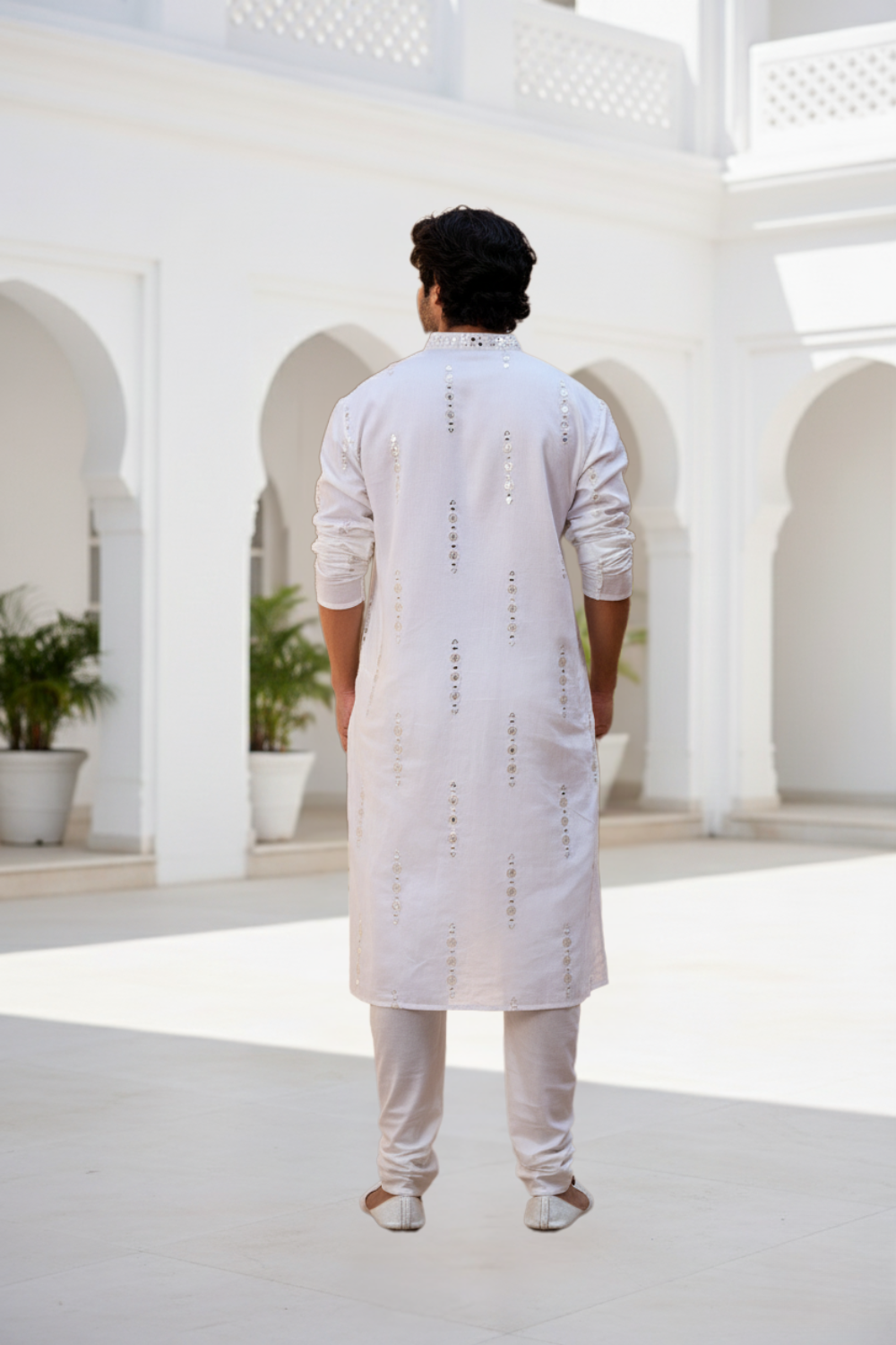 Men Classic White Mirror Work Kurta