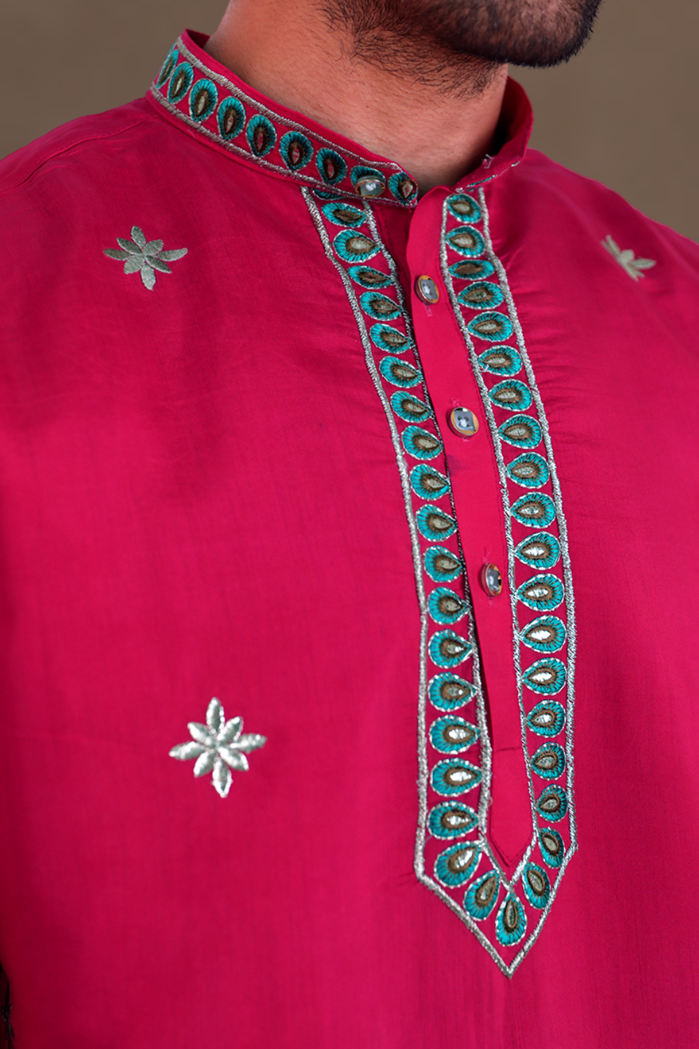 Men Rani Pink Peacock Embroidered Kurta