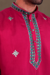 Men Rani Pink Peacock Embroidered Kurta