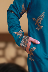 Men Teal Blue Eagle Embroidered Kurta