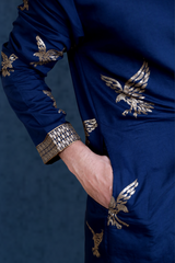 Men Navy Blue Eagle Embroidered Kurta