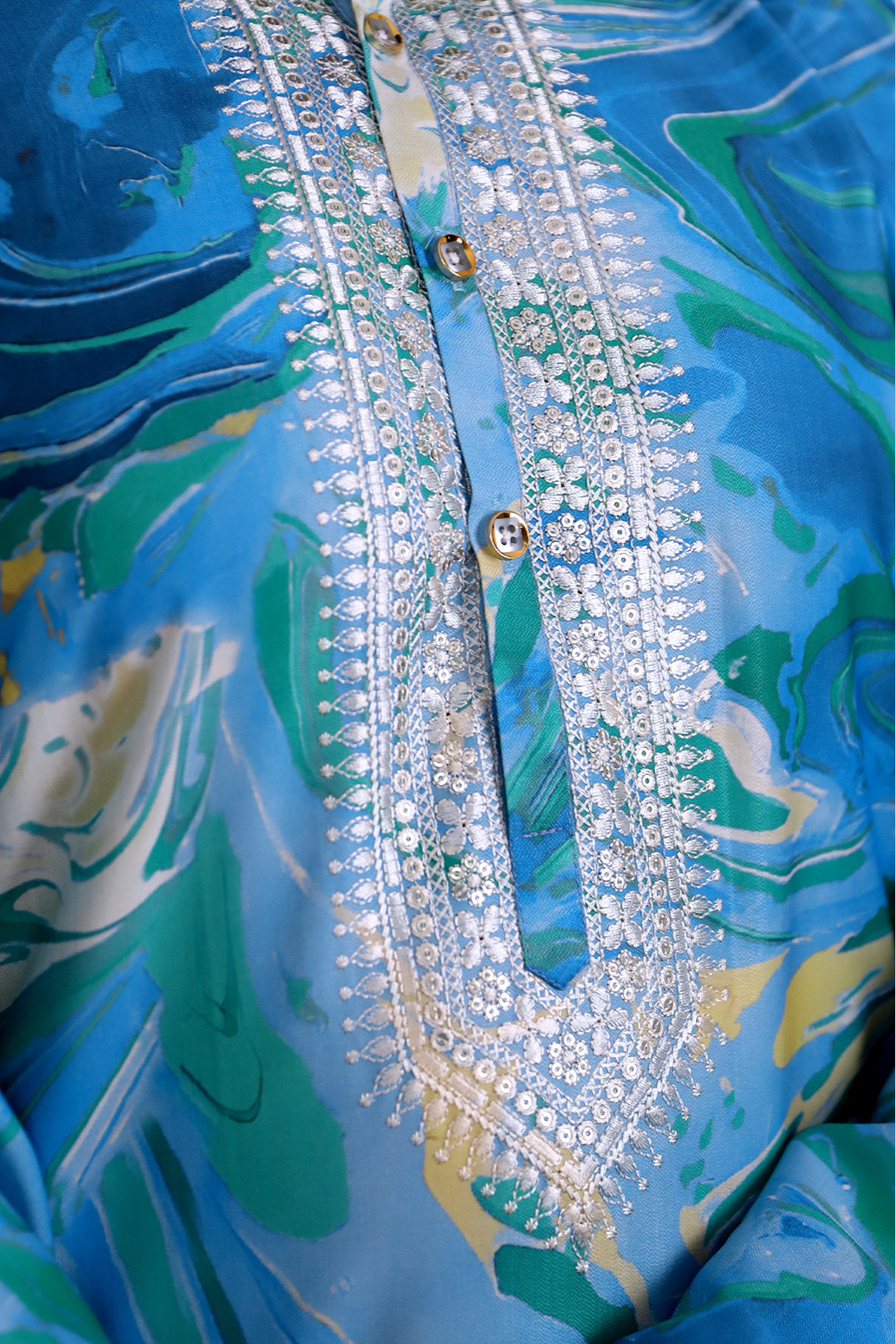 Men Ocean Blue Marble Print Silk Kurta