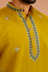 Men Mustard Tree of Life Embroidered Kurta
