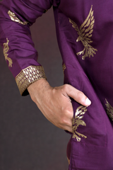 Men Wine Eagle Embroidered Kurta