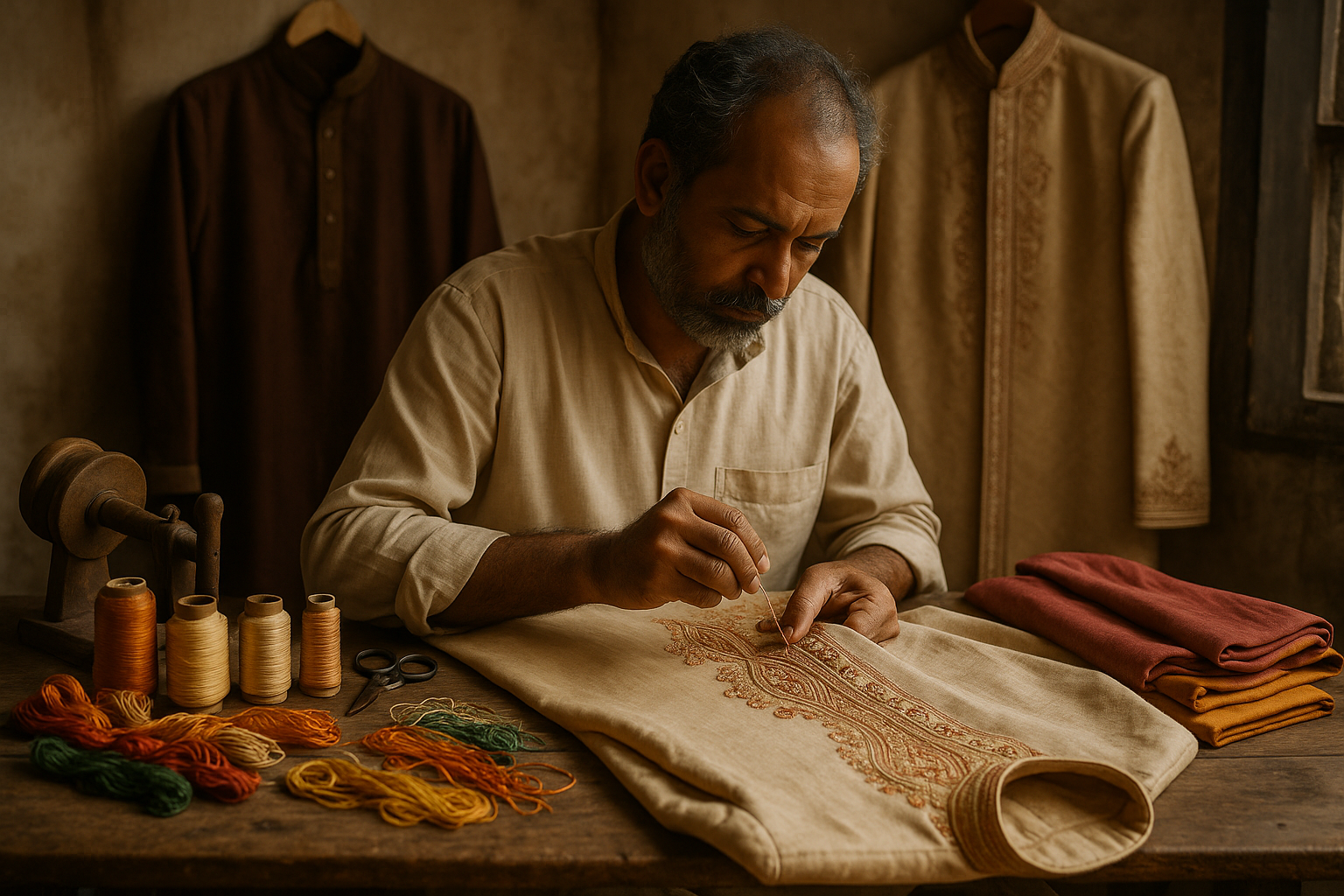 Textile work by worker for Ethnic wear